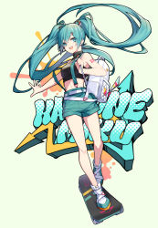 Rule 34 | 1girl, :d, text background, backpack, bag, bare arms, bare shoulders, black shirt, character name, clip studio paint (medium), crop top, floating hair, full body, green background, green eyes, green hair, green shorts, hair ornament, hairclip, hatsune miku, jh, long hair, looking at viewer, midriff, official art, open mouth, shirt, shoes, short shorts, shorts, simple background, skateboard, skateboarding, sleeveless, sleeveless shirt, smile, solo, standing, turtleneck, twintails, very long hair, vocaloid, white footwear