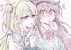 2girls @_@ beret blush breasts brown_hair green_hair hair_between_eyes hair_ornament hat heaven_burns_red large_breasts long_hair long_sleeves multicolored_hair multiple_girls ooshima_ichiko ooshima_isuzu opi red_eyes siblings sisters two_side_up yellow_eyes yuri