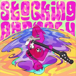 Rule 34 | breasts, censored, character name, closed eyes, colored skin, electric guitar, green hair, guitar, highres, holding, holding instrument, instrument, knees up, large breasts, long hair, lying, on back, open mouth, panty &amp; stocking with garterbelt, parental advisory, pink skirt, skirt, slim (sl1m skull), stocking (psg)