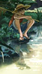 Rule 34 | 1boy, absurdres, avenoirn, black hair, hat, highres, monkey d. luffy, one piece, outdoors, red shirt, reflection, reflective water, sandals, shirt, short hair, sitting, straw hat
