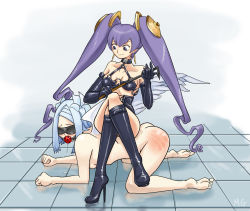 Rule 34 | 2girls, all fours, ar tonelico, ar tonelico ii, ar tonelico iii, artist name, ass, ball gag, bare shoulders, bdsm, black gloves, black legwear, blindfold, blue hair, boots, cocona vatel, collar, dominatrix, drawfag, drooling, earrings, elbow gloves, femdom, flower, gag, gagged, gloves, hair flower, hair ornament, hairpods, harvestasya vista, high heel boots, high heels, human chair, human furniture, jewelry, knee boots, crossed legs, long hair, mario grant, multiple girls, nude, purple eyes, purple hair, riding crop, shoes, signature, sitting, sitting on person, spanked, stiletto heels, tile floor, tiles, twintails, very long hair, wings, yuri