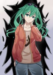 Rule 34 | 1girl, absurdres, bra strap, cowboy shot, earrings, eyewear on head, frown, green eyes, green hair, hand on own neck, hatsune miku, highres, jacket, jewelry, maomao zaici, pants, solo, suna no wakusei (vocaloid), sunglasses, twintails, vocaloid
