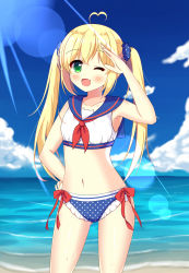 Rule 34 | 1girl, ;d, absurdres, ahoge, armpits, bare arms, bikini, blonde hair, blue bikini, blue sailor collar, blue scrunchie, blue sky, blush, bow, cloud, collarbone, commentary request, cowboy shot, day, fang, frilled bikini, frills, green eyes, hair between eyes, hair ornament, hair scrunchie, hand on own hip, head tilt, heart, heart ahoge, highres, horizon, lens flare, long hair, looking at viewer, navel, neckerchief, ocean, one eye closed, open mouth, original, outdoors, polka dot, polka dot bikini, polka dot bikini bottom, polka dot scrunchie, red bow, red neckerchief, red ribbon, ribbon, sailor bikini, sailor collar, salute, scrunchie, skin fang, sky, smile, solo, standing, sunlight, swimsuit, twintails, water, wet, white bikini, xiaosamiao