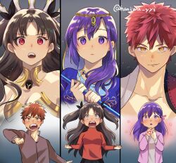 Rule 34 | 2boys, 4girls, absurdres, blush, breasts, cleavage, closed mouth, collarbone, collared shirt, command spell, emiya shirou, fate/grand order, fate/stay night, fate (series), haniwa yyi, highres, holding, holding staff, ishtar (fate), long hair, long sleeves, looking at viewer, matou sakura, medium breasts, multiple boys, multiple girls, open mouth, parvati (fate), purple eyes, purple hair, red eyes, red hair, senji muramasa (fate), shirt, short hair, skirt, staff, surprised, teeth, tohsaka rin, turtleneck, twintails, upper teeth only, yellow eyes