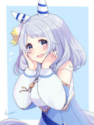 Rule 34 | 1girl, animal ears, artist name, bare shoulders, blue background, blue dress, blush, border, breasts, commentary request, detached sleeves, dress, ear covers, ear ornament, embarrassed, grey hair, hands on own face, highres, hishi miracle (umamusume), horse ears, horse girl, horse tail, long sleeves, looking at viewer, medium breasts, medium hair, purple eyes, simple background, solo, tail, umamusume, utada kuero, white border