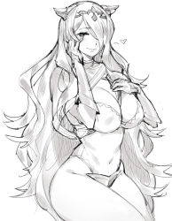 Rule 34 | 1girl, blush, breasts, camilla (fire emblem), cleavage, covered navel, fire emblem, fire emblem fates, fire emblem heroes, gauntlets, ge-b, greyscale, hair over one eye, hand on own chest, hand on own face, heart, large breasts, lips, long hair, looking at viewer, monochrome, nintendo, parted lips, sketch, smile, solo, thighs, tiara, very long hair, wavy hair