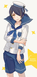 Rule 34 | 10s, 1boy, blonde hair, blue shorts, blush, buttons, character name, ensemble stars!, hair over one eye, hand on own arm, hat, highres, kippu, long sleeves, looking at viewer, male focus, multicolored hair, neckerchief, nervous smile, open mouth, parted lips, sailor, sailor hat, sengoku shinobu, shirt, short hair, shorts, shuriken, smile, solo, streaked hair, sweat, swept bangs, two-tone hair, weapon, white background, white shirt, yellow eyes