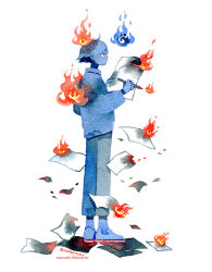 Rule 34 | 1boy, artist name, blue fire, fire, full body, long sleeves, male focus, maruti bitamin, nail polish, original, painting (medium), pants, paper, pen, profile, red eyes, red nails, shoes, short hair, solo, standing, traditional media, watercolor (medium), white background