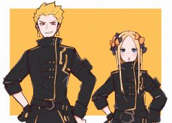 Rule 34 | 1boy, 1girl, abigail williams (fate), belt, black bow, black coat, black gloves, black headwear, black pants, blonde hair, blue eyes, blush, bow, coat, craft essence (fate), earrings, fate/grand order, fate (series), forehead, gilgamesh (fate), gilgamesh (gilgamesh in ny) (fate), gloves, grin, hair bow, hand on own hip, highres, jacket, jewelry, kopaka (karda nui), leather, leather jacket, leather pants, long hair, long sleeves, looking at viewer, official alternate costume, orange bow, pants, parted bangs, red eyes, short hair, simple background, sleeves past fingers, sleeves past wrists, smile, smug, standing, very long hair