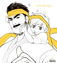 Rule 34 | 1boy, 1girl, :p, aged down, brekkist, carrying, dougi, eyebrows, facial hair, father and daughter, happy new year, headband, makoto (street fighter), masaru (street fighter), monochrome, mustache, new year, piggyback, sideburns, simple background, spot color, street fighter, thick eyebrows, thumbs up, tongue, tongue out