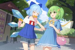 Rule 34 | 2girls, bag, blue bow, blue dress, blue hair, blue shorts, blush, bow, cirno, closed eyes, closed mouth, crepe, daiyousei, detached wings, dress, fairy, fairy wings, food, green eyes, green hair, hair bow, holding, holding food, ice, ice wings, kanpa (campagne 9), long hair, multiple girls, open mouth, short hair, short sleeves, shorts, shoulder bag, side ponytail, smile, touhou, tree, wings