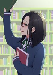 Rule 34 | 1girl, absurdres, aimori meguru, arm up, bad id, bad pixiv id, black hair, blue sweater, blush, book, bookshelf, brown eyes, collared shirt, dress shirt, forehead, from side, glasses, green ribbon, highres, holding, holding book, indoors, licking lips, long hair, long sleeves, looking at viewer, looking to the side, mole, mole under mouth, neck ribbon, hugging object, original, parted bangs, red-framed eyewear, ribbon, school uniform, shirt, sleeves past wrists, solo, sweater, tongue, tongue out, upper body, white shirt