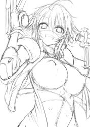Rule 34 | 10s, 1girl, ahoge, breasts, dual wielding, female focus, gloves, greyscale, grin, gun, holding, jacket, large breasts, monochrome, monster girl, monster musume no iru nichijou, nipples, open clothes, open jacket, sketch, smile, solo, stitches, submachine gun, sukage, uniform, upper body, weapon, zombie, zombina (monster musume)