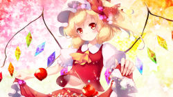 Rule 34 | 1girl, blonde hair, blush, camisole, candy, candy apple, cherry blossoms, clothes lift, commentary request, flandre scarlet, floral background, food, gengetsu chihiro, gradient background, hat, hat ribbon, highres, konpeitou, leaning back, looking at viewer, midriff, mob cap, multicolored background, navel, one side up, partial commentary, red eyes, red skirt, red vest, ribbon, short hair, skirt, skirt basket, skirt lift, smile, solo, standing, star (symbol), starry background, touhou, upper body, vest, white hat, wings