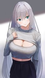 Rule 34 | 1girl, absurdres, black pants, blue eyes, breasts, cleavage, cleavage cutout, clothing cutout, ethel (xenoblade), grey hair, grey sweater, highres, large breasts, long hair, long sleeves, looking at viewer, matsukan (dug pile), meme attire, open-chest sweater, pants, ribbed sweater, smile, solo, sweater, xenoblade chronicles (series), xenoblade chronicles 3