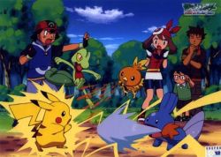 Rule 34 | 1girl, 3boys, age difference, ash ketchum, blue sky, brock (pokemon), brother and sister, cloud, cloudy sky, creatures (company), fighting, forest, game freak, gen 1 pokemon, gen 3 pokemon, grass, lightning, lowres, max (pokemon), may (pokemon), mudkip, multiple boys, nature, nintendo, official art, pikachu, pokemon, pokemon (anime), pokemon (creature), siblings, sky, tagme, torchic, tree, treecko, water
