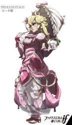 Rule 34 | adapted costume, alternate costume, armor, blonde hair, blue eyes, blush, character name, choker, corset, cosplay, crown, dress, elbow gloves, eyeshadow, fire emblem, fire emblem fates, food, gloves, gown, greaves, highres, layeyes, lipstick, makeup, mario (series), nintendo, parasol, princess peach, radish, ribbon, see-through, solo, star (symbol), translation request, umbrella, vegetable, wavy hair
