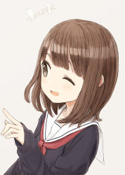 Rule 34 | 1girl, ;d, black shirt, blush, brown background, brown eyes, brown hair, eyebrows hidden by hair, hand up, long sleeves, looking away, nasuna, neckerchief, notice lines, one eye closed, open mouth, original, red neckerchief, sailor collar, school uniform, serafuku, shirt, simple background, sleeves past wrists, smile, solo, white sailor collar