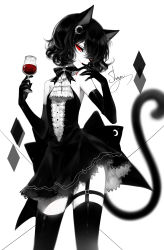 Rule 34 | 1girl, ;), absurdres, alcohol, black dress, black gloves, black hair, black thighhighs, bow, bowtie, cat tail, cowboy shot, crescent, crescent hair ornament, cup, dress, drinking glass, elbow gloves, eyelashes, finger to mouth, garter straps, gloves, hair ornament, hair over one eye, hands up, head tilt, highres, holding, holding cup, limited palette, looking at viewer, one eye closed, original, red eyes, sheya, short dress, simple background, smile, solo, spot color, standing, tail, thighhighs, thighs, white background, wine, wine glass, zettai ryouiki