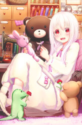 Rule 34 | 1girl, aiuabo, albino, blush, carnation, child, commentary request, flower, highres, holding, indoors, long hair, long sleeves, looking at viewer, mother&#039;s day, open mouth, original, red eyes, red flower, sitting, smile, solo, stuffed animal, stuffed rabbit, stuffed toy, teddy bear, white hair