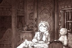 Rule 34 | 1girl, candle, chair, closed eyes, cup, dark, drinking glass, feathers, female focus, hair ornament, hair ribbon, hairclip, head rest, indoors, ink, kagamine rin, letter, long sleeves, monochrome, paper, picture frame, ribbon, short hair, sitting, sleeping, solo, stuffed animal, stuffed toy, table, taichi17, vocaloid, watari taichi, wide sleeves, window
