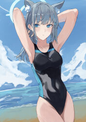 Rule 34 | 1girl, absurdres, animal ear fluff, animal ears, arms behind head, beach, black one-piece swimsuit, blue archive, blue eyes, blue sky, breasts, cloud, commentary, competition swimsuit, covered navel, cross hair ornament, day, extra ears, grey hair, hair ornament, halo, highres, horizon, low ponytail, medium breasts, medium hair, mismatched pupils, multicolored clothes, multicolored swimsuit, ocean, one-piece swimsuit, outdoors, ref (pmxt4483), shiroko (blue archive), shiroko (swimsuit) (blue archive), sky, solo, swimsuit, wolf ears