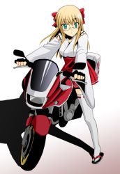 Rule 34 | adapted uniform, blonde hair, glasses, green eyes, japanese clothes, miko, motor vehicle, motorcycle, saki chisuzu, skirt, solo, standing, thighhighs, vehicle