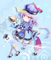 Rule 34 | 1girl, absurdres, aqua background, bandaged leg, bandages, bead necklace, beads, braid, cape, coconut, coin hair ornament, commentary request, drinking straw, earrings, from above, genshin impact, hair between eyes, hair ornament, hat, hehehzb, highres, jewelry, jiangshi, long hair, long sleeves, looking at viewer, looking up, low ponytail, necklace, ofuda, orb, parted lips, purple eyes, purple hair, qingdai guanmao, qiqi (genshin impact), shoes, sidelocks, simple background, single braid, solo, thighhighs, vision (genshin impact), white thighhighs, yin yang, yin yang orb, zettai ryouiki