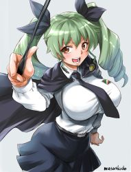 Rule 34 | 10s, 1girl, alternate breast size, anchovy (girls und panzer), anzio school uniform, artist name, belt, black belt, black cape, black necktie, black ribbon, black skirt, breasts, cape, commentary request, dress shirt, drill hair, emblem, foreshortening, girls und panzer, green hair, grey background, hair ribbon, holding, impossible clothes, impossible shirt, large breasts, long hair, long sleeves, looking at viewer, miniskirt, musashino sekai, necktie, open mouth, pleated skirt, red eyes, ribbon, riding crop, school uniform, shirt, simple background, skirt, smile, solo, standing, twin drills, twintails, upper body, white shirt