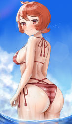 Rule 34 | 1girl, absurdres, arezu (pokemon), ass, bare shoulders, bikini, bird, blue sky, blush, breasts, butt crack, closed mouth, cloud, creatures (company), curvy, day, dokimaru, from behind, game freak, halterneck, highres, huge ass, large breasts, looking at viewer, looking back, nintendo, outdoors, pokemon, pokemon legends: arceus, red bikini, red eyes, red hair, shiny skin, short hair, side-tie bikini bottom, sideboob, sky, smile, solo, strap gap, striped bikini, striped clothes, swimsuit, thighs, thong bikini, wading, water, wet, wide hips
