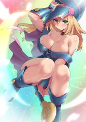Rule 34 | 1girl, arm up, artist request, bad id, bad pixiv id, bare legs, blue dress, blue footwear, blue hat, blush, boots, bracer, breasts, cape, cleavage, curvy, dark magician girl, dress, duel monster, embarrassed, eyes visible through hair, female focus, floating hair, hat, highres, holding, holding staff, huge breasts, jewelry, knees together feet apart, large breasts, legs, looking at viewer, magical girl, neck, necklace, off-shoulder dress, off shoulder, pink cape, shiny skin, shy, skirt, solo, staff, wizard hat, yu-gi-oh!, yu-gi-oh! duel monsters