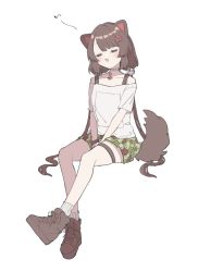 Rule 34 | 1girl, 2015ma14, animal ears, asymmetrical bangs, bell, black tank top, blush, breasts, brown footwear, brown hair, casual, closed eyes, collarbone, commentary, cross-laced footwear, dog ears, dog tail, fangs, floral print, flower, full body, green skirt, hair flower, hair ornament, humming, inui toko, invisible chair, miniskirt, musical note, neck bell, nijisanji, off-shoulder shirt, off shoulder, official alternate costume, open mouth, parted bangs, pleated skirt, ribbed legwear, shirt, shoes, short hair with long locks, short sleeves, simple background, sitting, skirt, small breasts, smile, sneakers, socks, solo, symbol-only commentary, tail, tank top, thigh strap, virtual youtuber, white background, white shirt, white socks, wristband