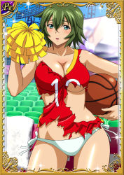 Rule 34 | 00s, 1girl, bare legs, breasts, card (medium), female focus, green hair, ikkitousen, kyocho chuukou, large breasts, looking at viewer, shiny skin, short hair, solo, standing