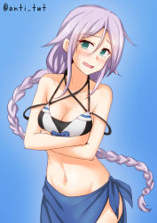 Rule 34 | 1girl, adapted costume, anti (untea9), bikini, black bikini, blue background, blue eyes, blue sarong, braid, breasts, cleavage, commentary request, cowboy shot, crossed arms, gradient background, groin, hair tie, highres, kantai collection, long hair, medium breasts, mole, mole under eye, open mouth, sarong, silver hair, single braid, solo, swimsuit, twitter username, two-tone bikini, umikaze (kancolle), very long hair