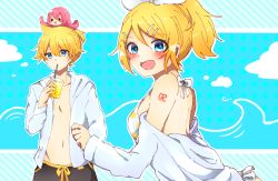 Rule 34 | 1boy, 2girls, beruna0612, bikini, blonde hair, blouse, blue background, blue eyes, blush, blush stickers, cloud, commentary, cup, drinking, holding, holding cup, hooded shirt, kagamine len, kagamine rin, looking at viewer, megurine luka, multiple girls, number tattoo, octopus, off-shoulder shirt, off shoulder, open clothes, open mouth, open shirt, pink hair, polka dot, polka dot background, ponytail, shirt, short hair, short ponytail, shorts, shoulder tattoo, sitting, sitting on head, sitting on person, smile, solid circle eyes, spiked hair, swept bangs, swimsuit, takoluka, tattoo, upper body, vocaloid, waves, white shirt