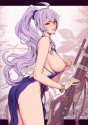 Rule 34 | 1girl, absurdres, ahoge, ass, bare legs, blue dress, blush, bow, bracelet, braid, breasts, brown eyes, china dress, chinese clothes, clothes pull, cowboy shot, dress, dress pull, flashing, floral background, floral print, from side, granblue fantasy, gun, hair bow, high ponytail, highres, jewelry, large breasts, legs, long hair, looking at viewer, naughty face, nipples, nose blush, oda non, pelvic curtain, ponytail, purple hair, rifle, scrunchie, seductive smile, sideboob, silva (granblue fantasy), simple background, smile, sniper rifle, solo, standing, thighs, twin braids, weapon