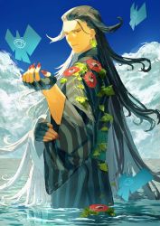 Rule 34 | 1boy, alternate hairstyle, ashiya douman (asagao-patterned yukata) (fate), ashiya douman (fate), asymmetrical hair, black eyes, black gloves, black hair, blue sky, closed mouth, cloud, commentary request, curly hair, earrings, fate/grand order, fate (series), fingerless gloves, fingernails, flower, gloves, hair intakes, highres, japanese clothes, jewelry, kimono, long hair, looking at viewer, looking to the side, magatama, magatama earrings, male focus, morning glory, multicolored hair, myuzu0711, nail polish, ocean, official alternate costume, onmyouji, red flower, red nails, sharp fingernails, sky, skyline, smile, solo, split-color hair, toned, toned male, two-tone hair, two-tone kimono, upper body, very long fingernails, very long hair, wading, water, white hair