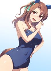 Rule 34 | 1girl, animal ears, blue one-piece swimsuit, bow, breasts, brown hair, commentary request, competition school swimsuit, cowboy shot, ear covers, hair bow, highres, horse ears, horse girl, king halo (umamusume), large breasts, long hair, looking at viewer, one-piece swimsuit, pataneet, red eyes, school swimsuit, solo, swimsuit, umamusume
