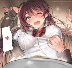 Rule 34 | 10s, 1girl, bad id, bad twitter id, blue eyes, blush, breasts, brown hair, covered erect nipples, grabbing, grabbing another&#039;s breast, ichinose shiki, idolmaster, idolmaster cinderella girls, large breasts, one eye closed, solo focus, wavy mouth, yuran