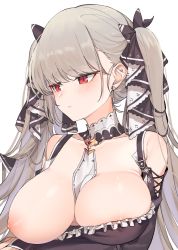 Rule 34 | 1girl, absurdres, areola slip, azur lane, bare shoulders, between breasts, black bow, blush, bow, breast hold, breasts, cleavage, collarbone, commentary request, detached collar, earrings, formidable (azur lane), frills, hair bow, highres, jewelry, jingo, large breasts, long hair, long sleeves, looking away, looking down, nipples, one breast out, red eyes, silver hair, simple background, solo, twintails, upper body, very long hair, white background