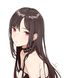 Rule 34 | 1girl, aiko (kanl), bare shoulders, black choker, breasts, brown hair, center opening, choker, cleavage, corrupted metadata, ear piercing, earrings, fate/grand order, fate (series), from side, highres, jewelry, long hair, looking at viewer, medium breasts, parted lips, piercing, red eyes, revision, sidelocks, simple background, solo, tears, upper body, white background, yu mei-ren (fate)