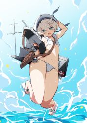Rule 34 | 10s, 1girl, absurdres, bad id, bad twitter id, bare legs, bikini, blue eyes, blue sky, breasts, cosplay, day, eyes visible through hair, full body, hat, highres, kaki gohri, kantai collection, looking at viewer, navel, open mouth, sailor bikini, sailor collar, sailor hat, sandals, short hair, side-tie bikini bottom, silver hair, sky, small breasts, smile, solo, swimsuit, water, weapon, white bikini, white hat, z1 leberecht maass (kancolle), z3 max schultz (kancolle), z3 max schultz (kancolle) (cosplay)