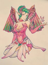 Rule 34 | 1girl, alternate wings, arm at side, arm support, bare shoulders, beige background, breasts, bridal gauntlets, bug, butterfly, choker, cleavage, collarbone, colored pencil (medium), dress, elbow gloves, full body, gloves, graphite (medium), green hair, grey eyes, hair bun, hair ornament, insect, light smile, looking at another, mechanical wings, medium breasts, mercy (overwatch), outstretched hand, overwatch, overwatch 1, pelvic curtain, pink dress, pink gloves, pink ribbon, pointy ears, ribbon, ribbon choker, short hair, sidelocks, simple background, single hair bun, sitting, sleeveless, sleeveless dress, solo, sugar plum fairy mercy, thighhighs, traditional media, white thighhighs, wings, yokozuwari, ziye (1561680910)