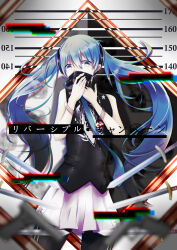 1144532078 1girl absurdres bare_shoulders black_shirt blue_eyes blue_hair hair_between_eyes hatsune_miku highres holding jewelry long_hair mask mouth_mask necktie reversible_campaign_(vocaloid) shirt skirt sleeveless sleeveless_shirt solo twintails upper_body very_long_hair vocaloid