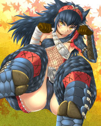 Rule 34 | 1girl, armlet, armor, blue hair, blush, boots, breasts, cameltoe, capcom, collarbone, covered erect nipples, fang, fishnets, gauntlets, gloves, hairband, highres, leaf, long hair, monster hunter (series), monster hunter portable 3rd, nargacuga (armor), paw pose, pt@i, solo, underboob, yellow eyes