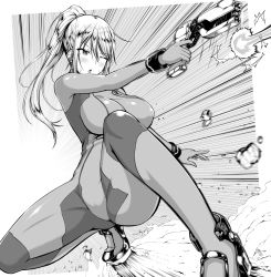 Rule 34 | 1girl, ;o, arima kouichi, ass, blush, breasts, cameltoe, commentary request, covered erect nipples, greyscale, groin tendon, gun, holding, holding gun, holding weapon, kneeling, long hair, metroid, metroid: zero mission, monochrome, nintendo, one eye closed, ponytail, samus aran, solo, spread legs, squatting, sweatdrop, tiptoes, weapon, zero suit