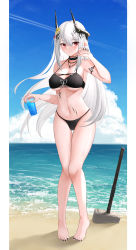Rule 34 | 1girl, absurdres, arknights, bare arms, bare legs, bare shoulders, barefoot, beach, bikini, black bikini, black choker, black nails, blue sky, choker, cloud, commentary, cup, day, drinking glass, flower, full body, hair between eyes, hair flower, hair ornament, hammer, hand up, highres, holding, holding cup, horns, infection monitor (arknights), long hair, looking at viewer, material growth, mudrock (arknights), mudrock (silent night) (arknights), nail polish, nankaichimu, navel, official alternate costume, oripathy lesion (arknights), outdoors, pointy ears, red eyes, shadow, sidelocks, sky, solo, standing, stomach, swimsuit, thighs, toenail polish, toenails, very long hair, weapon, white hair, yellow flower