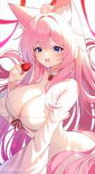 1girl absurdres animal_ear_fluff animal_ears bare_shoulders blue_eyes breasts choker cleavage detached_sleeves dress food fox_ears fox_tail fruit highres holding holding_food holding_fruit indie_virtual_youtuber large_breasts light_blush long_hair looking_at_viewer mochiimochii_(vtuber) open_mouth pink_hair pink_tail sakotach solo strapless strapless_dress strawberry tail very_long_hair virtual_youtuber white_choker white_sleeves