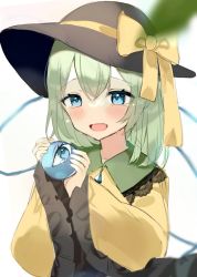 Rule 34 | 1girl, bad id, bad twitter id, black hat, blouse, blue eyes, blush, bow, crying, crying with eyes open, frilled shirt collar, frilled sleeves, frills, green hair, hair between eyes, happy tears, hat, hat bow, heart, highres, holding, komeiji koishi, long sleeves, looking down, open mouth, ribbon, shirt, solo, tears, third eye, touhou, upper body, wide sleeves, yellow bow, yellow ribbon, yellow shirt, yumeno ruruka