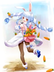 Rule 34 | 1girl, animal bag, animal ear fluff, animal ears, arm cuffs, backless outfit, backpack, bag, bare shoulders, black pantyhose, blue hair, blush, braid, bridal garter, carrot, carrot hair ornament, coat, dropping, eyebrows, fenrir (fenlil0316), food-themed hair ornament, from behind, full body, fur-trimmed gloves, fur scarf, fur trim, gloves, hair ornament, high heels, highres, hikimayu, hololive, leotard, long hair, looking at viewer, looking back, multicolored hair, open bag, open mouth, pantyhose, pink bag, playboy bunny, rabbit-shaped pupils, rabbit bag, rabbit ears, rabbit girl, scarf, shadow, sidelocks, solo, strapless, strapless leotard, symbol-shaped pupils, trefoil, twin braids, two-tone hair, usada pekora, usada pekora (1st costume), virtual youtuber, white coat, white hair